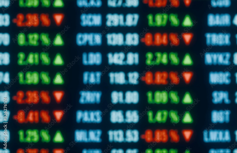 Blurred trading board with stock market prices, positive and negative percentage changes. All information in defocus. Abstract stock exchange concept. 3D illustration