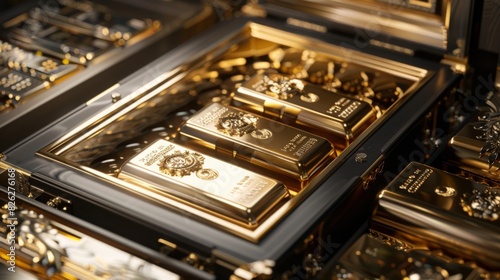 A collection of gold bars intricately arranged in a black and gold case, showcased at a financial exhibition during the day.