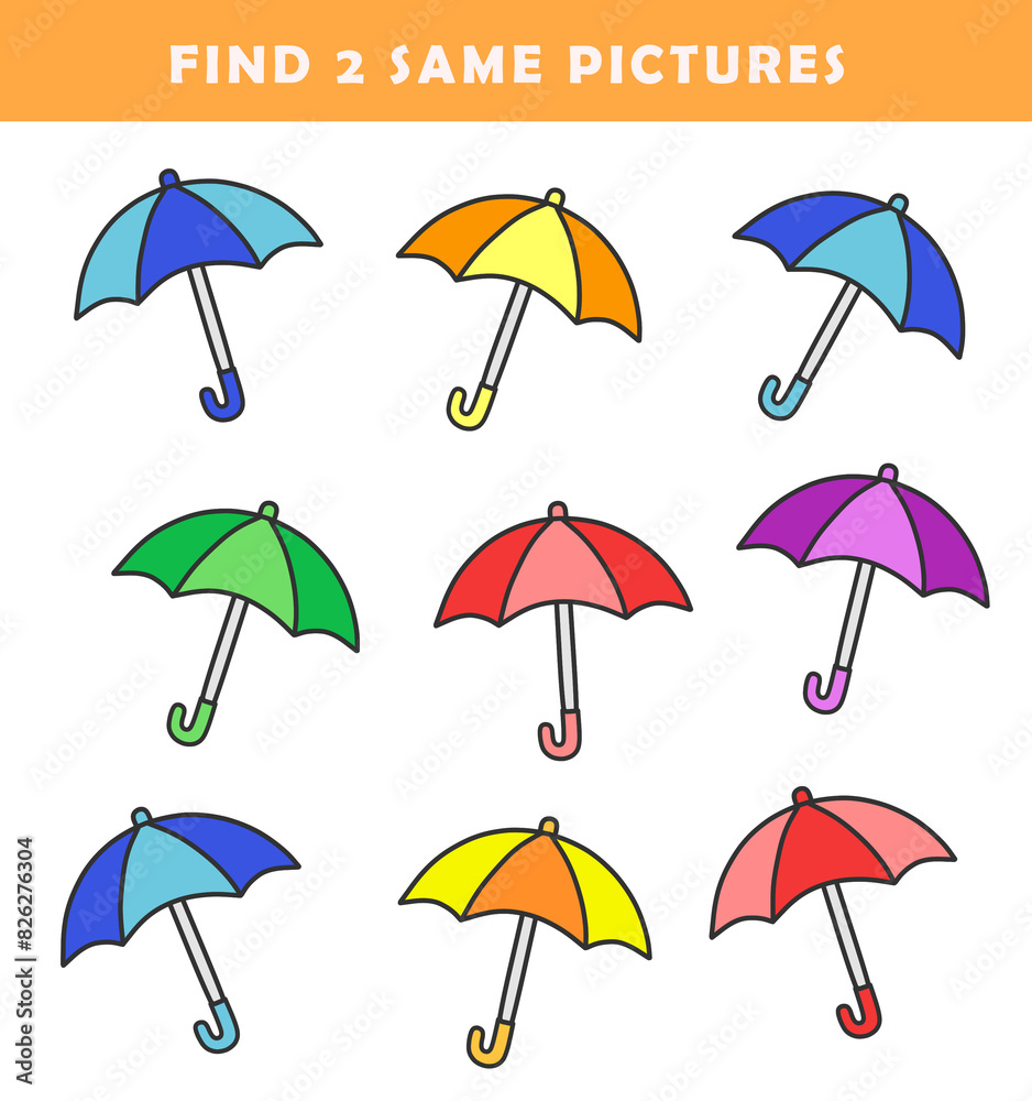 Find 2 same pictures. Puzzle game for children. Preschool worksheet activity for kids. Educational game with cute umbrella illustration.	
