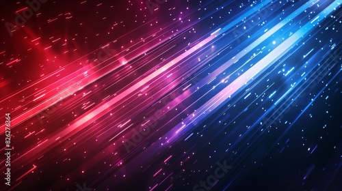 Abstract neon glowing blue, white, and red lines on a dark background. Futuristic technology banner © Tatsiana