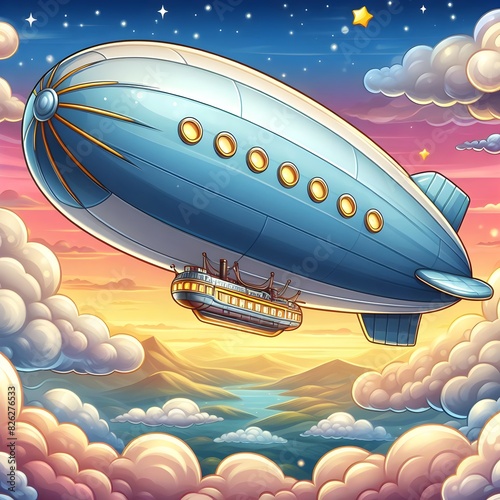 Illustration of an airship flying in the clouds at sunset