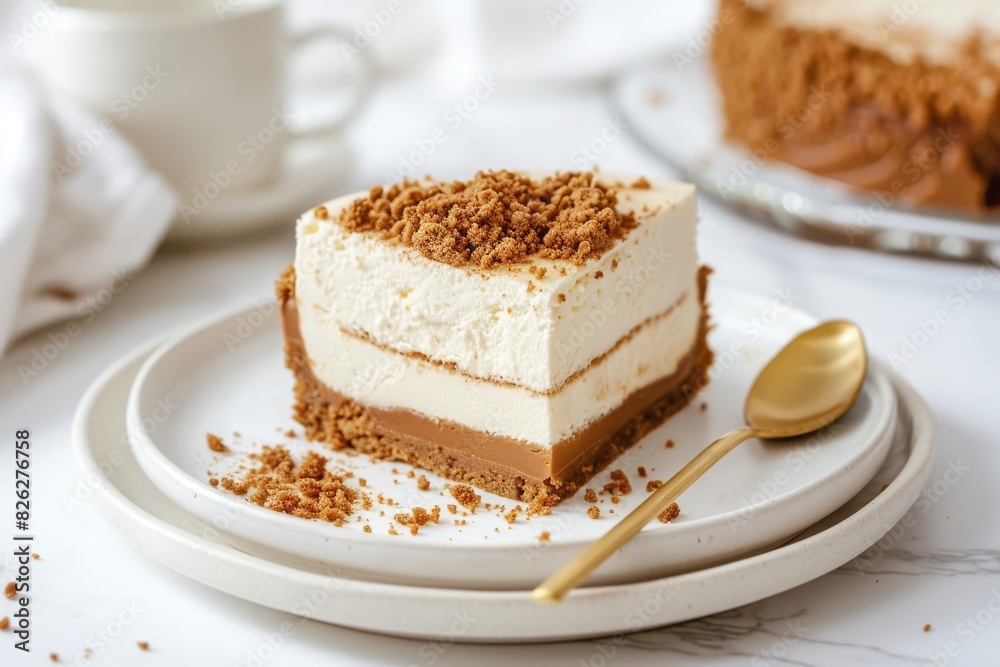 Piece of biscoff layered cheesecake on a white plate along with spoon on a white background Piece of biscoff layered cheesecake on a white plate along with spoon on a white background