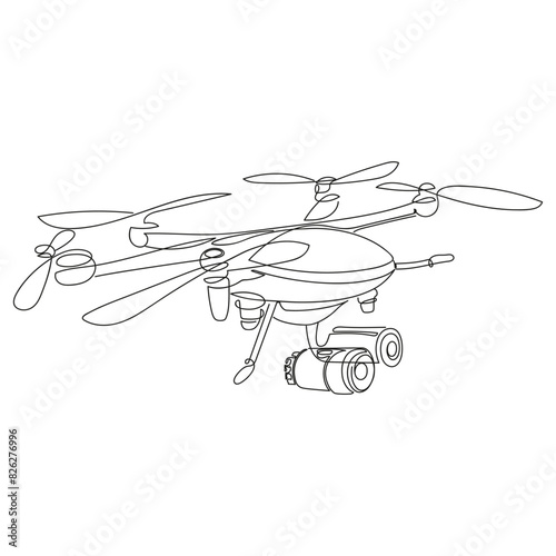 Drone minimalist vector illustration. Flying drone airplane continuous one line drawing. Unmanned plane graphic single line. Modern air gadget for videography concept design.