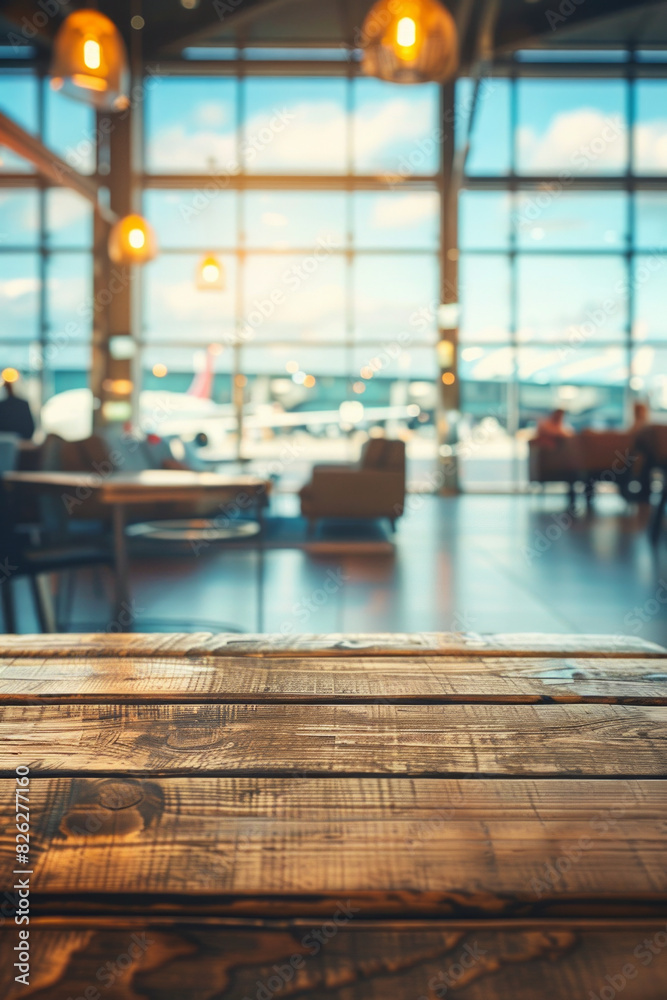 A wooden table in the foreground with a blurred background of an airport lounge. The background includes comfortable seating, large windows with views of airplanes, travelers relaxing or working A wooden table in the foreground with a blurred background of an airport lounge. The background includes comfortable seating, large windows with views of airplanes, travelers relaxing or working