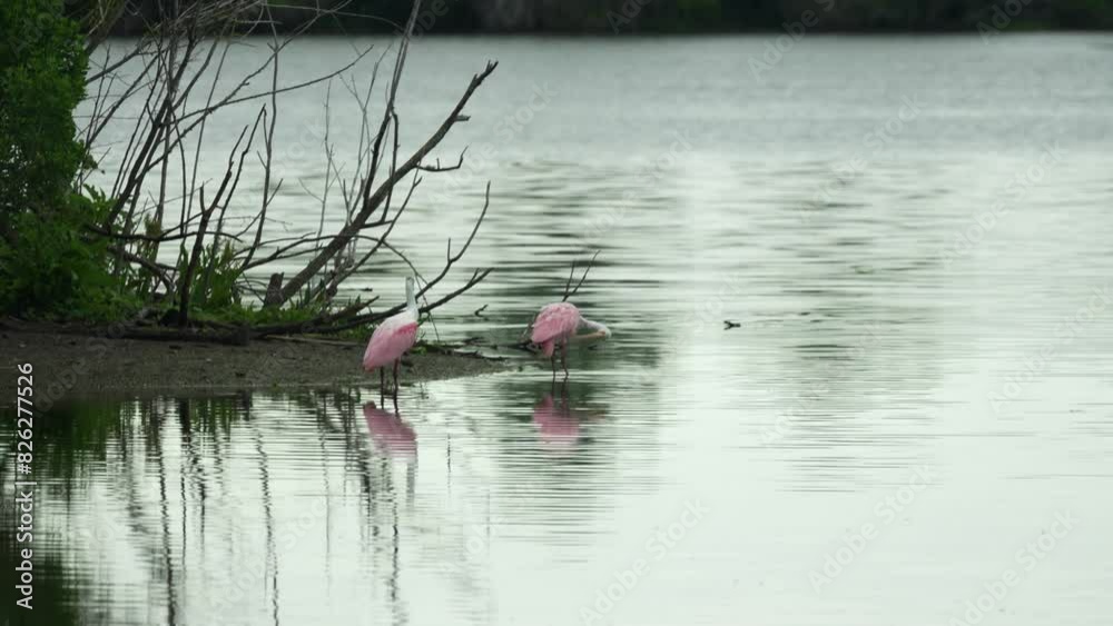 Two spoonbills wading in calm shallow water near shoreline, one flies away Florida wetlands 4k 60p Two spoonbills wading in calm shallow water near shoreline, one flies away Florida wetlands 4k 60p