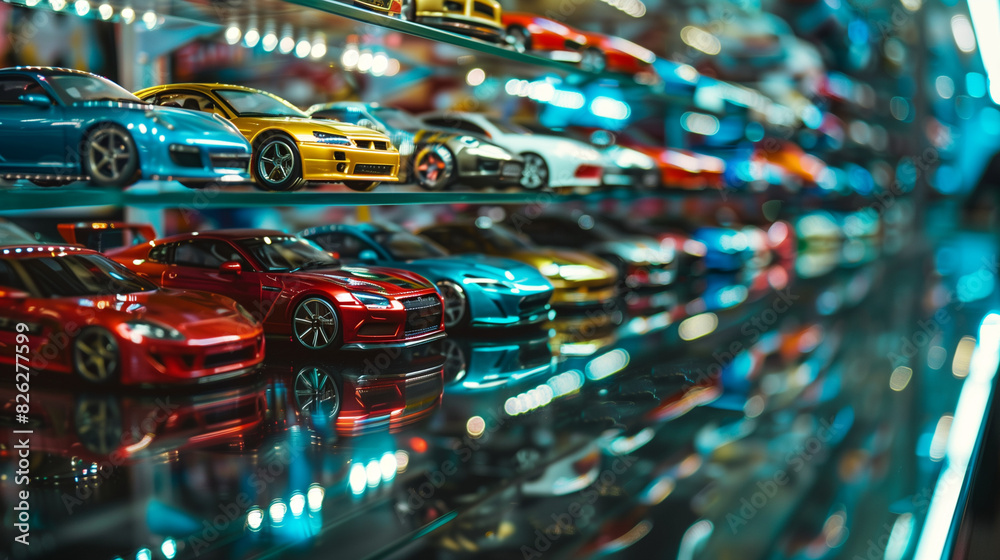 Fototapeta premium A vibrant display of various toy cars meticulously lined up on a glass shelf, illuminated by colorful lighting, creating a visually appealing scene for toy enthusiasts and collectors
