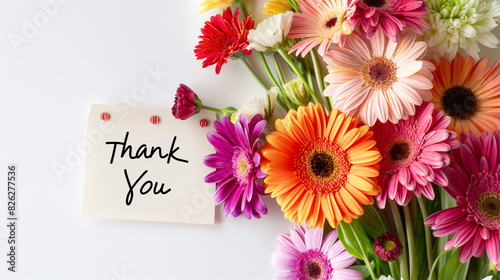 A 'Thank You' note surrounded by a variety of colorful flowers on a white background, conveying gratitude