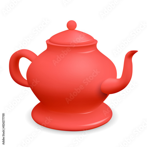 Vector realistic 3D illustration of a red porcelain teapot isolated from the background. Homemade tea kettle clipart. Crockery isolated from background