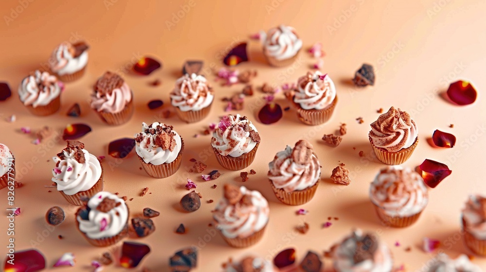   A collection of cupcakes featuring white frosting and colorful sprinkles on a light pink backdrop