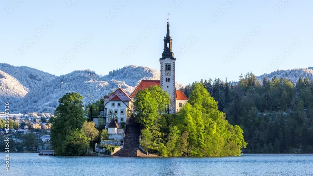 Timelapse of the play of light and shadow on the Church building. Assumption of Maria Church, lake Bled, Slovenia Timelapse of the play of light and shadow on the Church building. Assumption of Maria Church, lake Bled, Slovenia