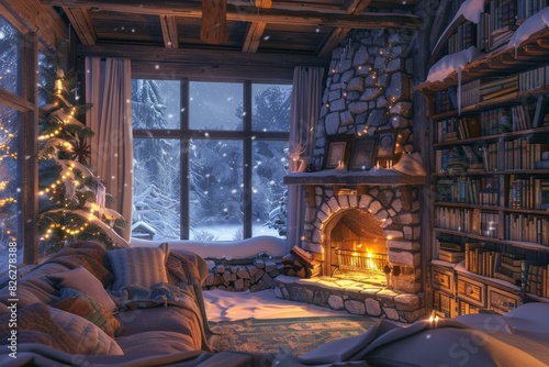 Warm and inviting cabin room with a lit fireplace and festive decorations, snowy view outside