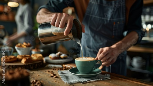 The barista pouring milk