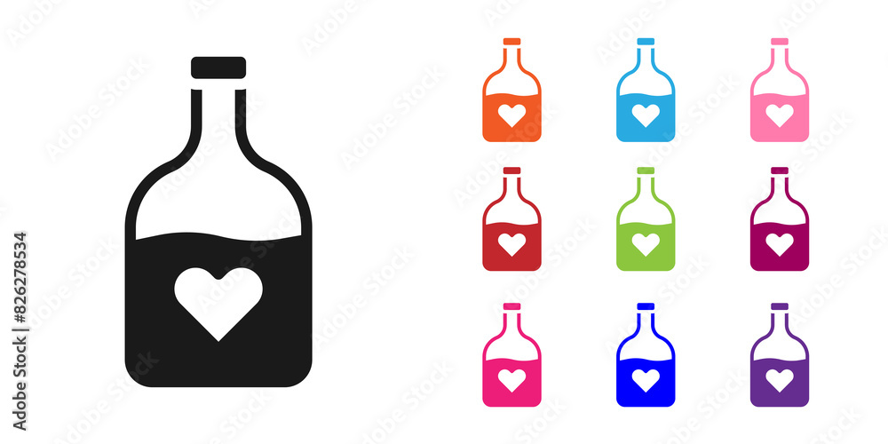 Black Bottle with love potion icon isolated on white background. Happy Valentines day. Set icons colorful. Vector