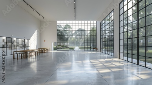 Modern loft retreat  spacious room with high ceilings  minimalist natural wood and metal furniture