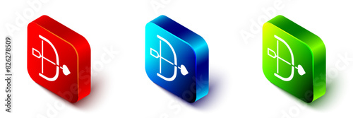 Isometric Bow and arrow icon isolated on white background. Cupid symbol. Love sign. Happy Valentines day. Red, blue and green square button. Vector