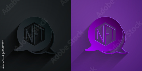Paper cut NFT Digital crypto art icon isolated on black on purple background. Non fungible token. Paper art style. Vector