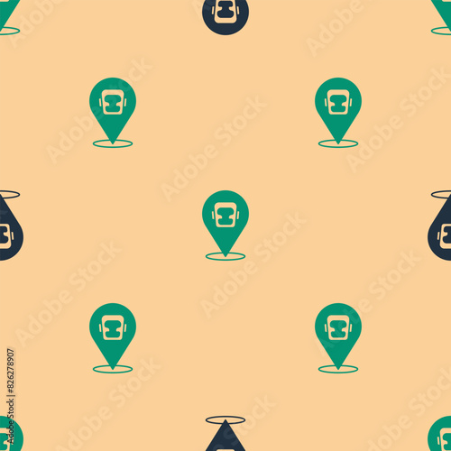 Green and black Boxing helmet icon isolated seamless pattern on beige background. Vector