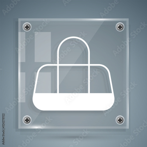 White Sport bag icon isolated on grey background. Square glass panels. Vector