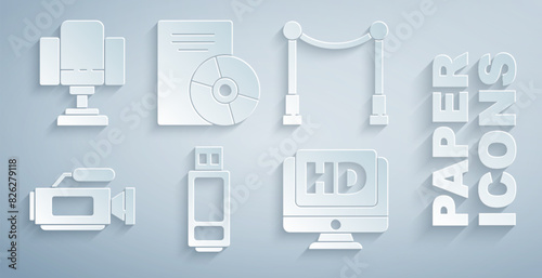 Set USB flash drive, Carpet with barriers, Cinema camera, Monitor HD video, CD DVD disk and Director movie chair icon. Vector