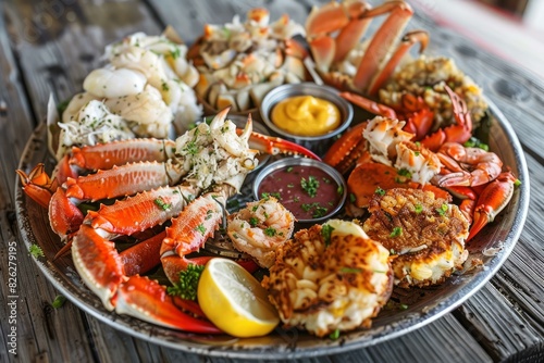 Gourmet seafood assortment with crab, shrimp, and sauces on rustic table