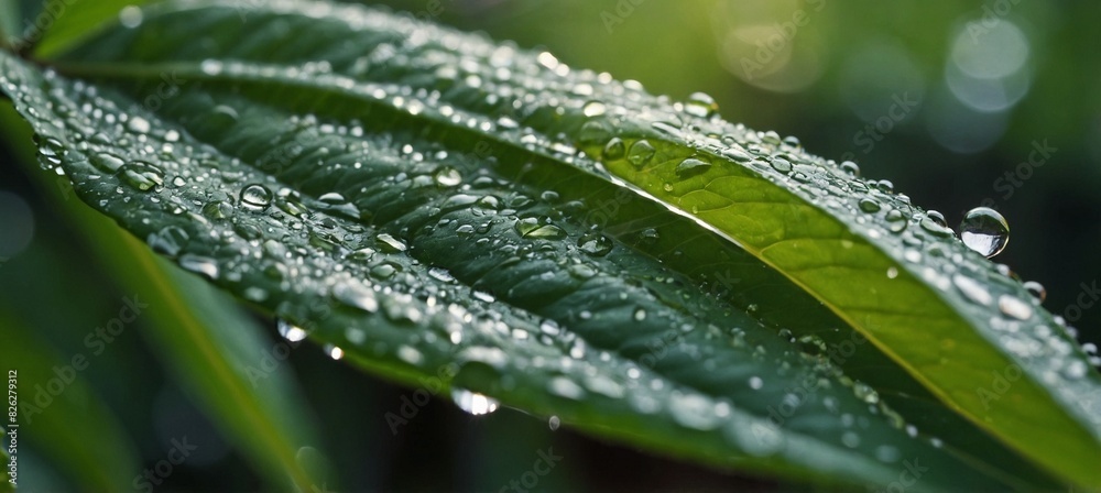 Large beautiful drops of transparent rain water on a g Large beautiful drops of transparent rain water on a g