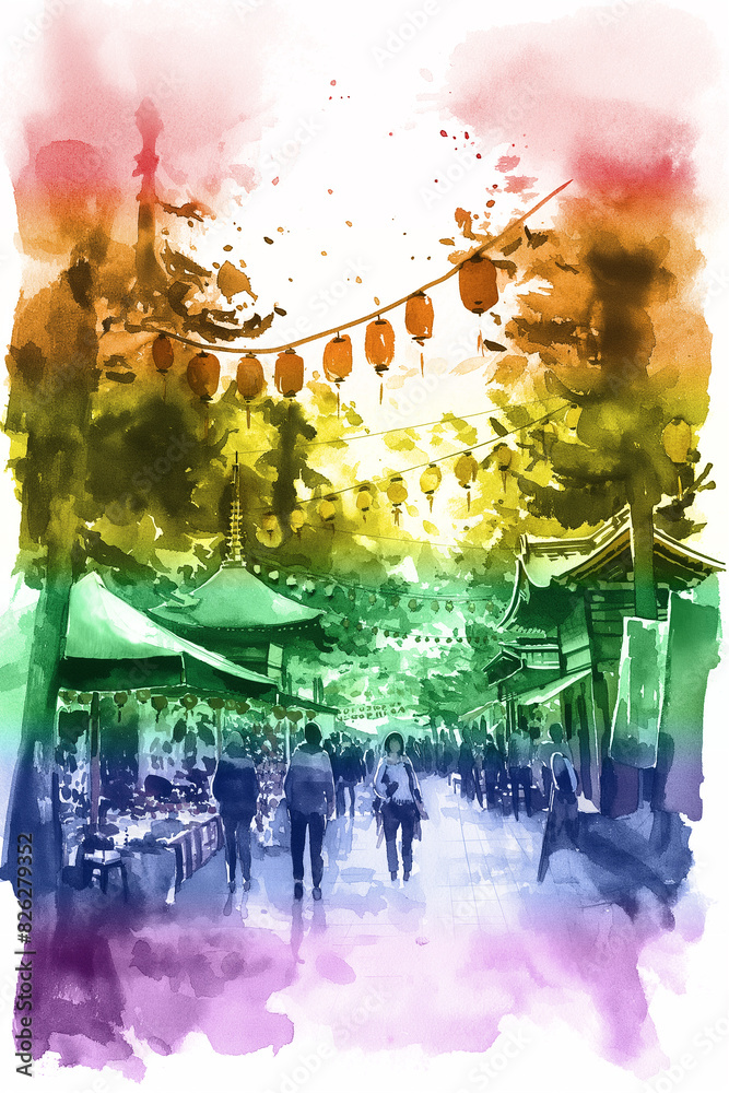 Watercolor Illustration of a Vibrant Street Market with Rainbow Colors, Pride Month Background