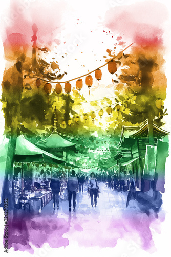 Obraz na płótnie Watercolor Illustration of a Vibrant Street Market with Rainbow Colors, Pride Month Background w salonie