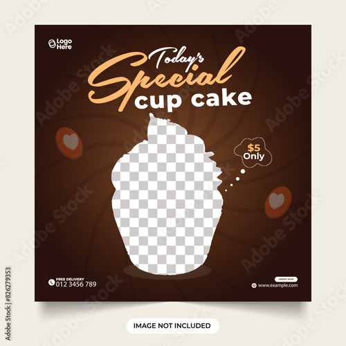 Cupcake social media post. special cupcake social media banner. dessert template with a dark chocolate background. delicious dessert flyer. premium cupcake ad. heart shape falling.