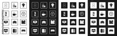 Set Five stars rating review, Coffee cup, Please do not disturb, Mobile with wi-fi wireless, Wi-Fi, Suitcase, Lift and Smart Tv icon. Vector