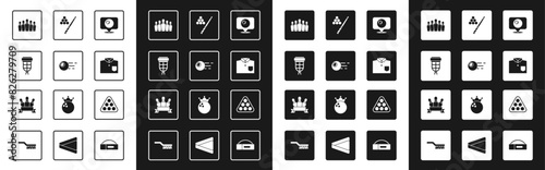 Set Location with billiard ball, Billiard, pocket, Bowling pin, shirt, cue and, balls rack triangle and icon. Vector