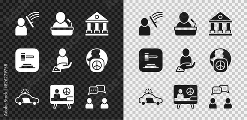 Set Police beat human, Speaker, Courthouse building, car and flasher, Peace, Speech bubble chat, Judge gavel and Life insurance hand icon. Vector