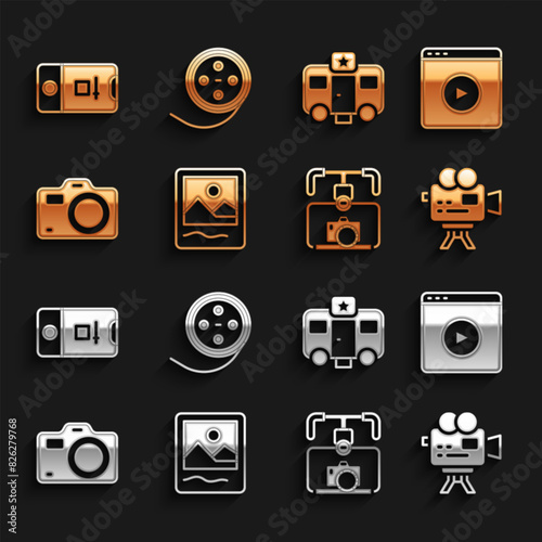 Set Photo frame, Online play video, Retro cinema camera, Gimbal stabilizer with, Actor trailer, and shooting and Film reel icon. Vector