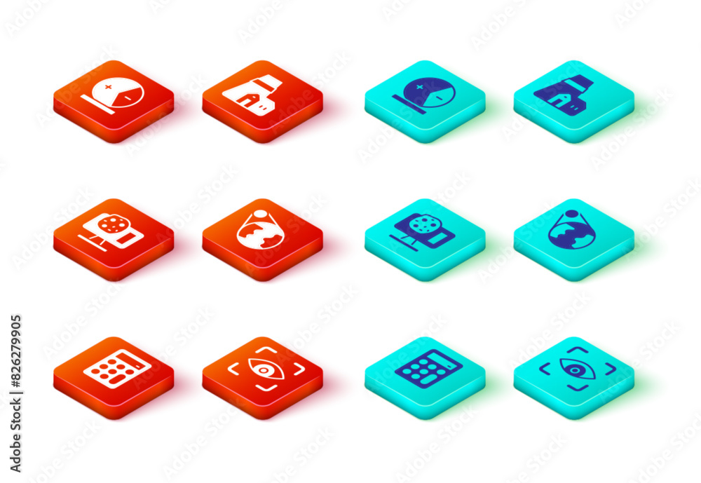Set Calculator, Eye scan, Genetic engineering, Earth globe, Power station plant and Atom icon. Vector Set Calculator, Eye scan, Genetic engineering, Earth globe, Power station plant and Atom icon. Vector