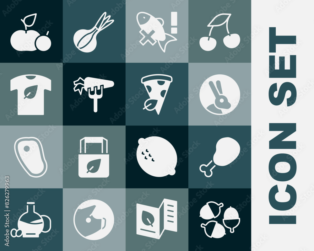 Set Acorn, Chicken leg, Rabbit, No fish, Carrot, Vegan shirt, Apple and pizza slice icon. Vector Set Acorn, Chicken leg, Rabbit, No fish, Carrot, Vegan shirt, Apple and pizza slice icon. Vector