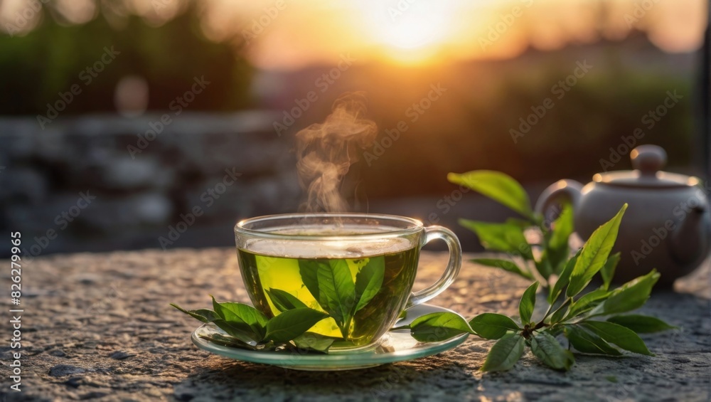 A mug of green tea standing on a stone table against a sunset background A mug of green tea standing on a stone table against a sunset background