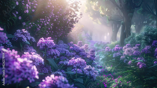 Ethereal Verbena garden landscape with a soft, dreamlike glow, AI generative © SK