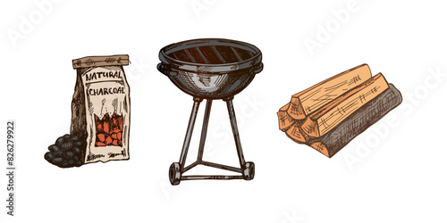 Hand-drawn vector colored sketch of Barbecue grill, charcoal and firewood on white background. Doodle vintage illustration. Decorations for the menu of cafes and labels.