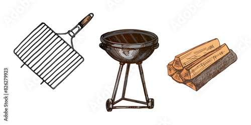 A set of hand-drawn colored sketches of barbecue and picnic elements, barbecue grill, firewood. For the design of the menu of restaurants, grilled food.