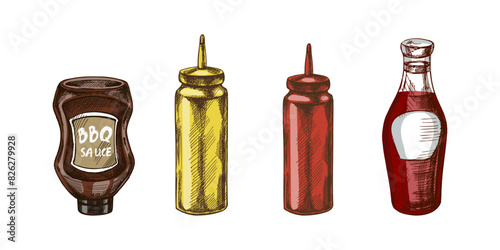 Hand-drawn colored vector sketch of bottles with ketchup, mayonnaise or mustard and  barbecue sauce. Doodle vintage illustration on white background.