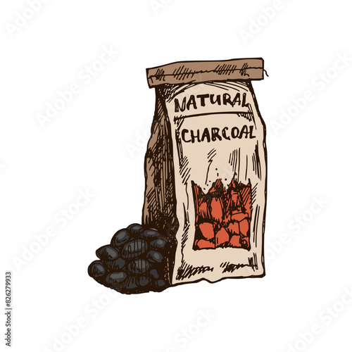 Hand-drawn colored vector sketch of charcoal paper bag for barbecue. Doodle vintage illustration. Decorations for the menu of cafes and labels. Engraved image.