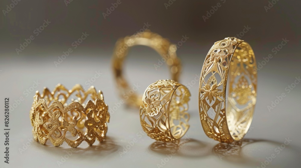 Four intricately designed gold rings with floral and geometric patterns are arranged on a smooth, well-lit surface. Four intricately designed gold rings with floral and geometric patterns are arranged on a smooth, well-lit surface.
