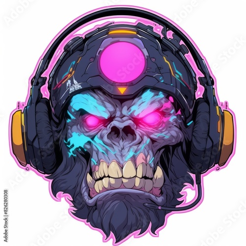 Sticker gorila head vector with cyberpunk style, with  photo