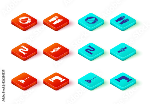 Set Rubber plunger, Industry metallic pipe, Water meter, gloves and drop forbidden icon. Vector