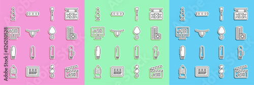 Set line Movie clapper with 18 plus content, Dildo vibrator, Birth control pills and condom, Leather whip, Woman panties, Monitor, Anal beads and plug icon. Vector