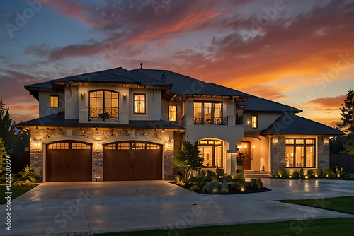 Colorful Sunset View Enhances Luxury Home Exterior, Luxurious Residence Exterior Glowing in Sunset Hues, Stunning Sunset Colors Adorn Luxury Home's Exterior, Vibrant Sunset Illuminates Exquisite Home © Ahmed