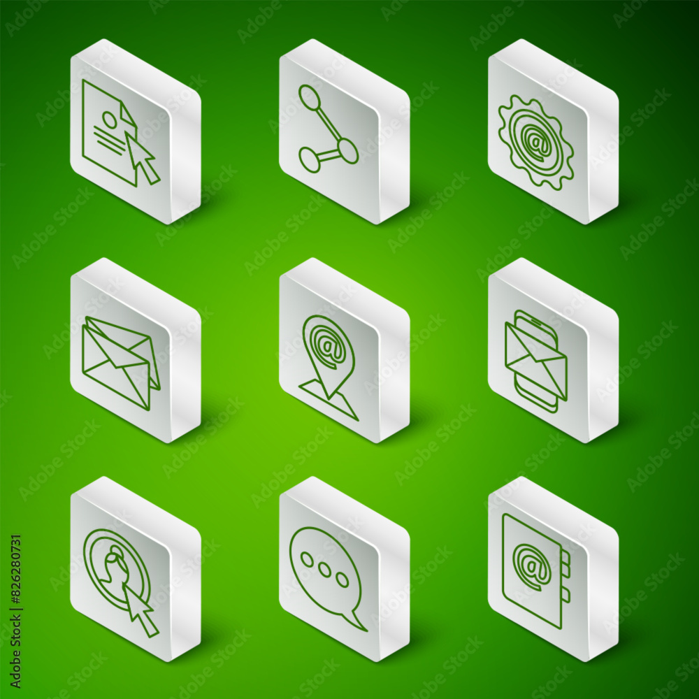 Set line Address book, Speech bubble chat, Document and cursor, Location mail e-mail, Envelope, Share, Create account screen and Mobile envelope icon. Vector Set line Address book, Speech bubble chat, Document and cursor, Location mail e-mail, Envelope, Share, Create account screen and Mobile envelope icon. Vector