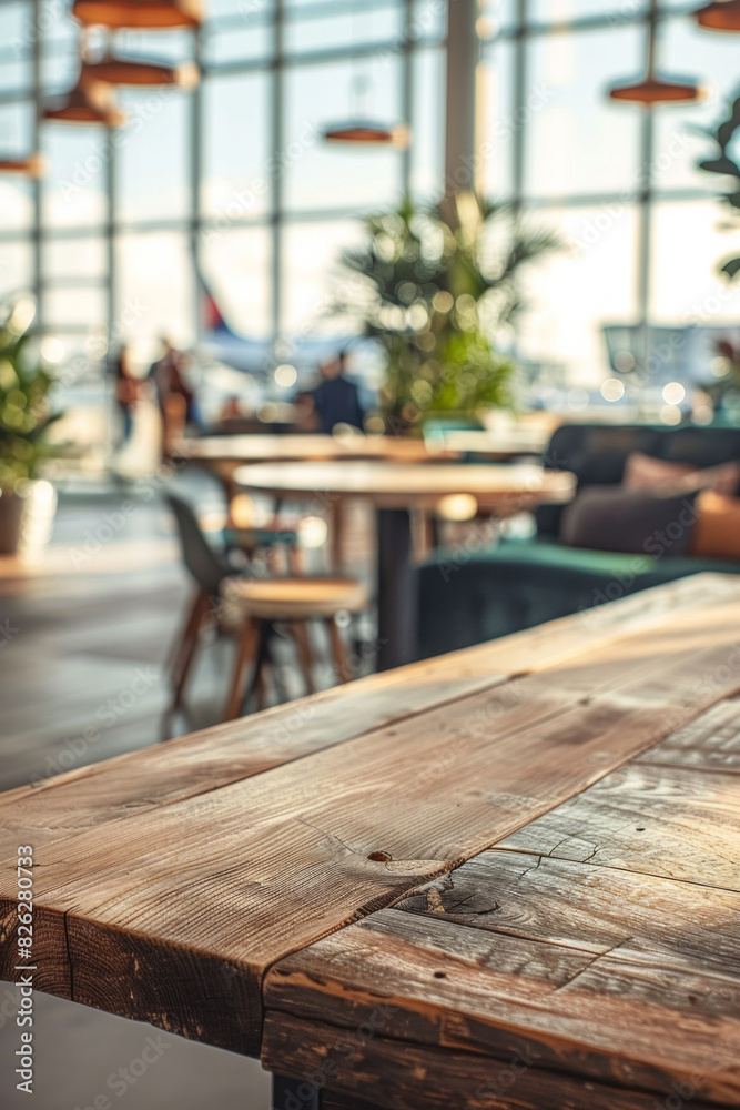 A wooden table in the foreground with a blurred background of an airport lounge. The background includes comfortable seating, large windows with views of airplanes, travelers relaxing or working A wooden table in the foreground with a blurred background of an airport lounge. The background includes comfortable seating, large windows with views of airplanes, travelers relaxing or working