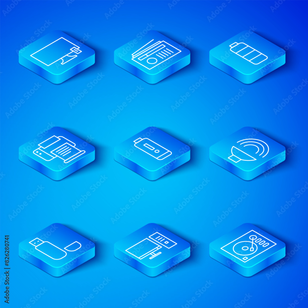 Set line USB flash drive, Battery charge level indicator, Computer monitor, Speaker volume, Printer, Smart Tv and Vinyl player icon. Vector Set line USB flash drive, Battery charge level indicator, Computer monitor, Speaker volume, Printer, Smart Tv and Vinyl player icon. Vector