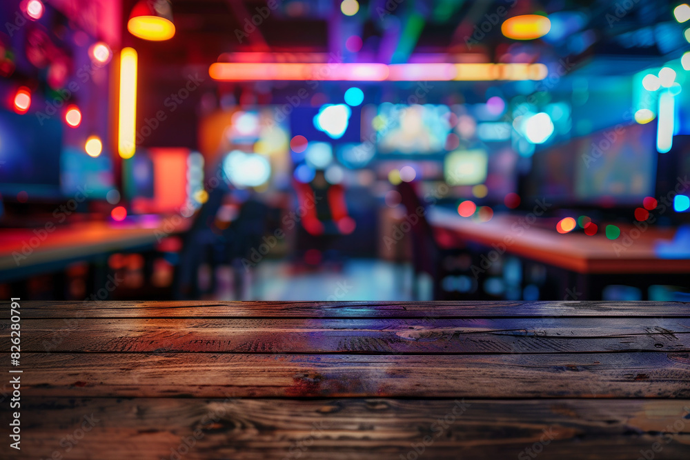 A wooden table in the foreground with a blurred background of a gaming café. The background features rows of gaming PCs, comfortable gaming chairs, colorful LED lights, and posters of popular games. A wooden table in the foreground with a blurred background of a gaming café. The background features rows of gaming PCs, comfortable gaming chairs, colorful LED lights, and posters of popular games.