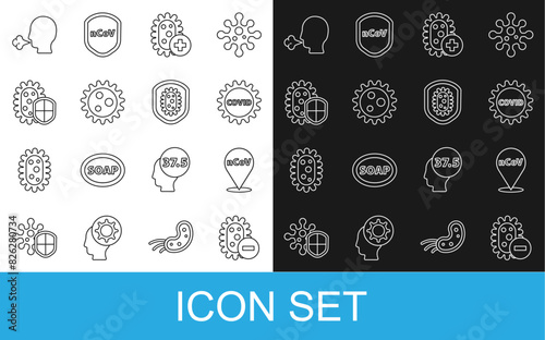 Set line Negative virus, Corona 2019-nCoV on location, covid-19, Positive, Virus, Shield protecting from, Man coughing and icon. Vector